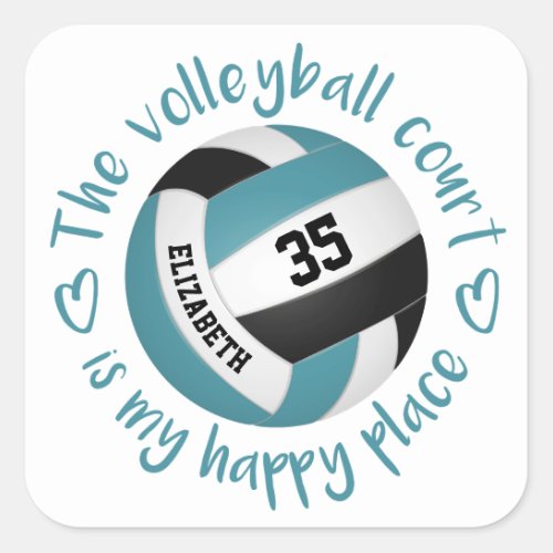 teal black volleyball girly happy place typography square sticker