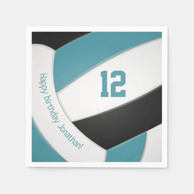 teal black volleyball player kids happy birthday napkins (Front)