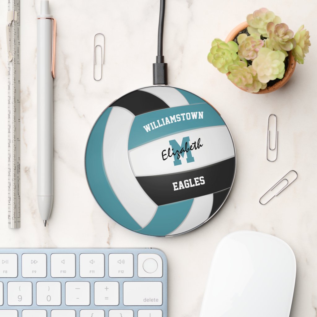 teal black volleyball team colors personalized wireless charger