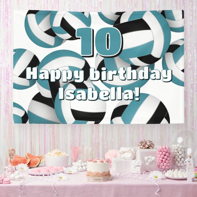 teal black volleyballs kids birthday party banner (Party)