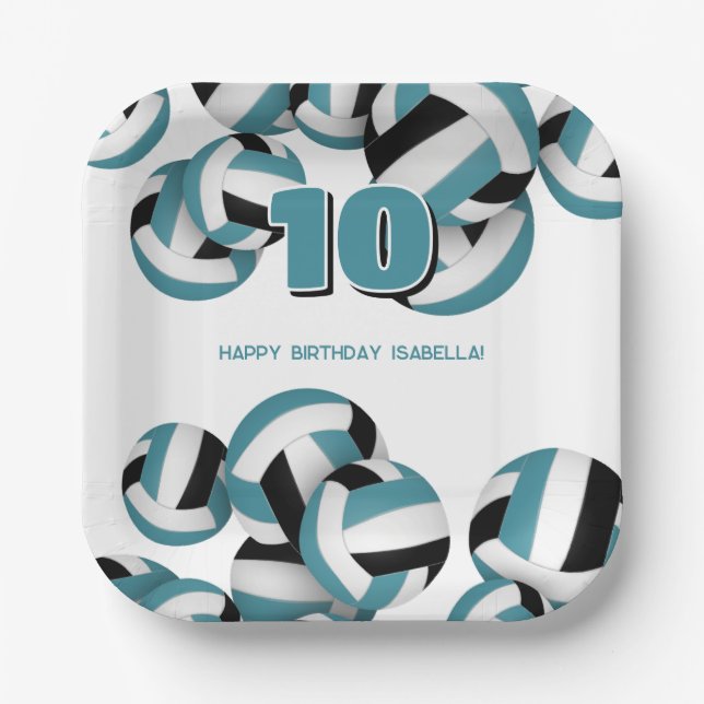 teal black volleyballs kids birthday party paper plates (Front)