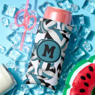 Teal black volleyballs pattern w player monogram seltzer can cooler