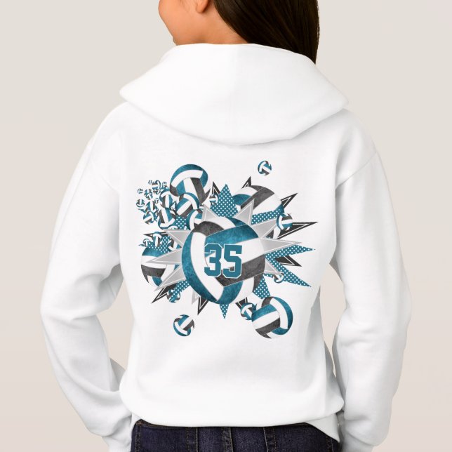 teal black volleyballs stars girls jersey number  hoodie (Back)