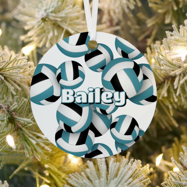 teal black volleyballs w athlete name keepsake metal ornament (Insitu)