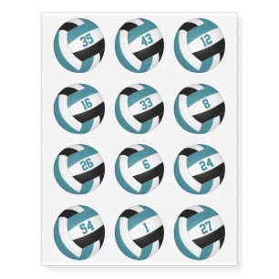 teal black volleyballs w jersey numbers set of 12 temporary tattoos