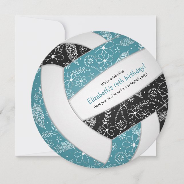 teal black w floral pattern volley girl birthday announcement (Front)