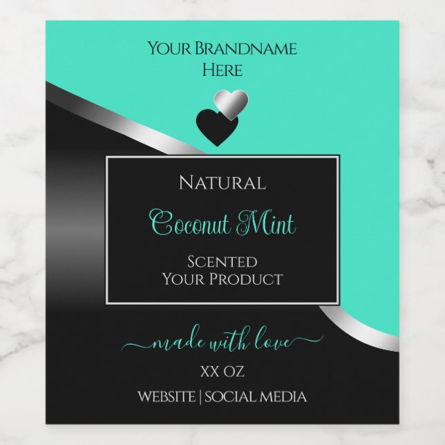 Teal Black Wavy Silver Cute Hearts Product Labels (Single Label)