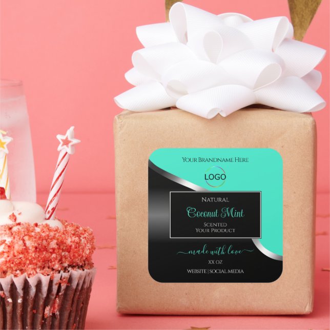 Teal Black Wavy Silver with Logo Product Labels (Party)
