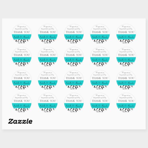 Teal, Black Wedding Favor Thank You Message Classic Round Sticker | Zazzle