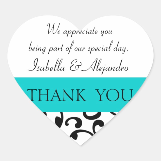 Teal, Black Wedding Favor Thank You Message Heart Sticker (Front)