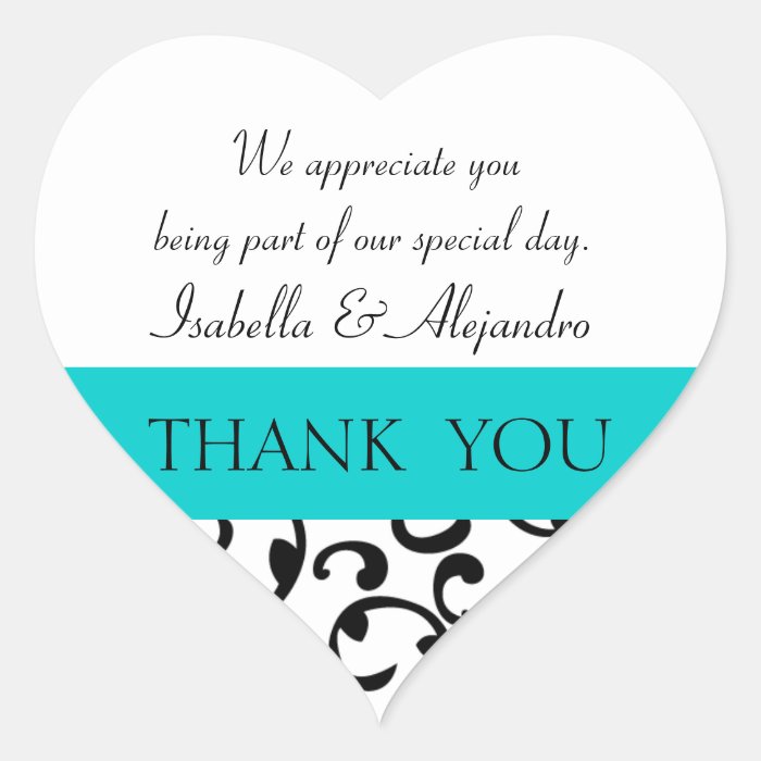 Teal, Black Wedding Favor Thank You Message Heart Sticker