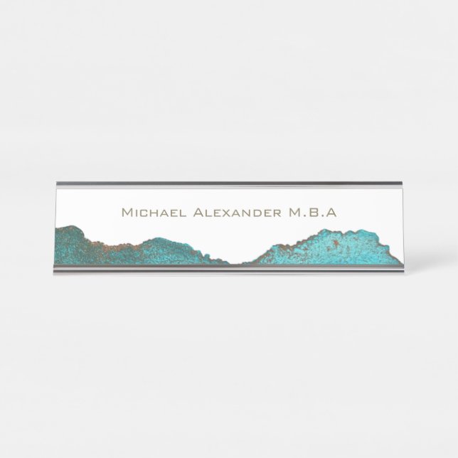 Teal Black White Abstract Custom Named Desk Name Plate (Front)
