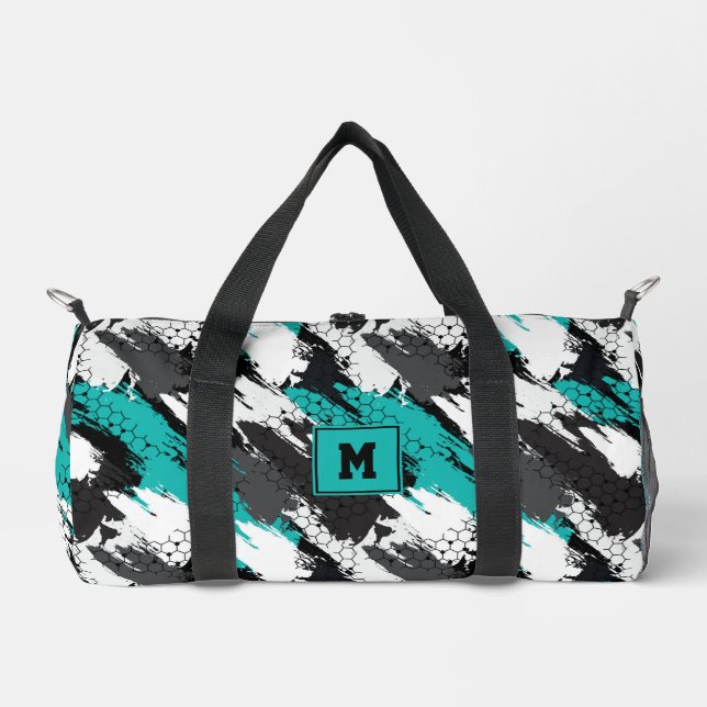 Teal Black White Abstract Geometric Stripes Sports Duffle Bag (Front)
