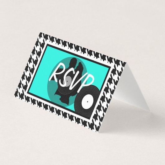 Teal, black & white checkered 1950s theme rsvp/ (Front)