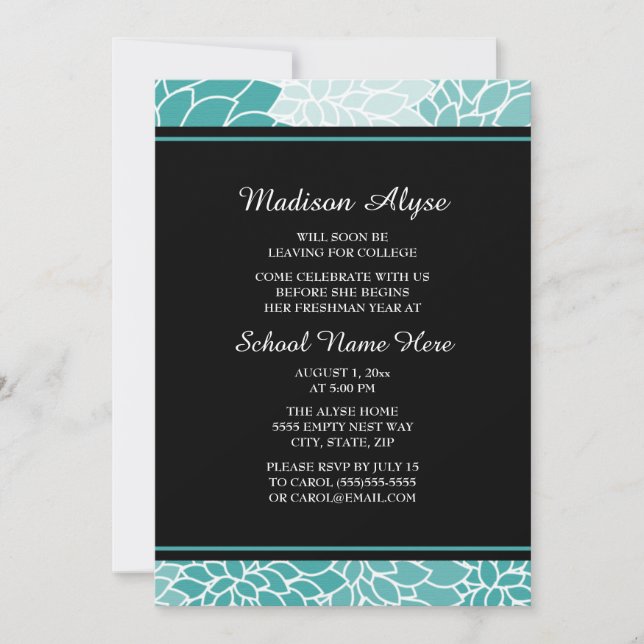 Teal Black White Floral College Trunk Party Invitation (Front)