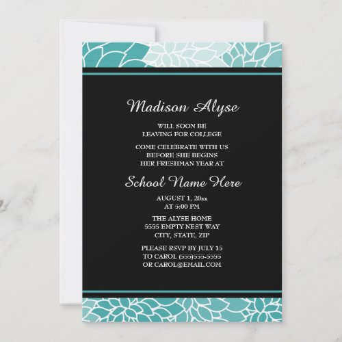 Teal Black White Floral College Trunk Party Invitation