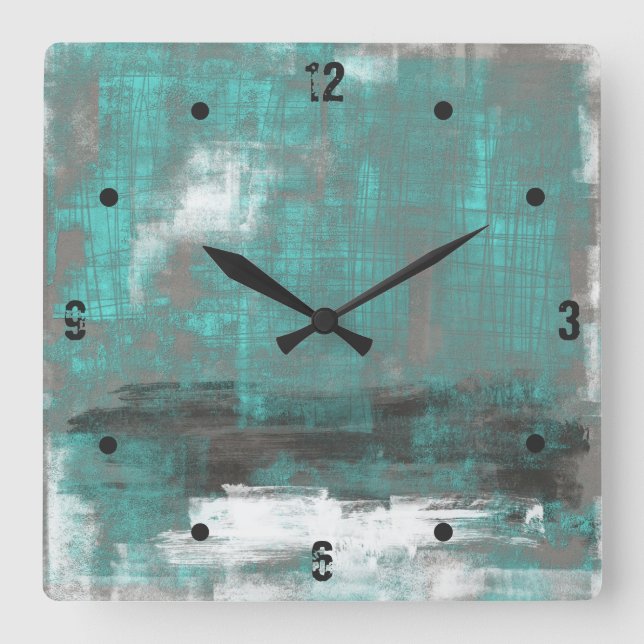 Teal Black White Gray abstract Square Wall Clock (Front)