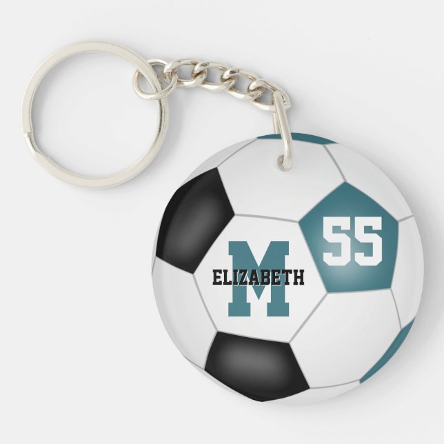 teal black white kids soccer bag tag keychain (Front)