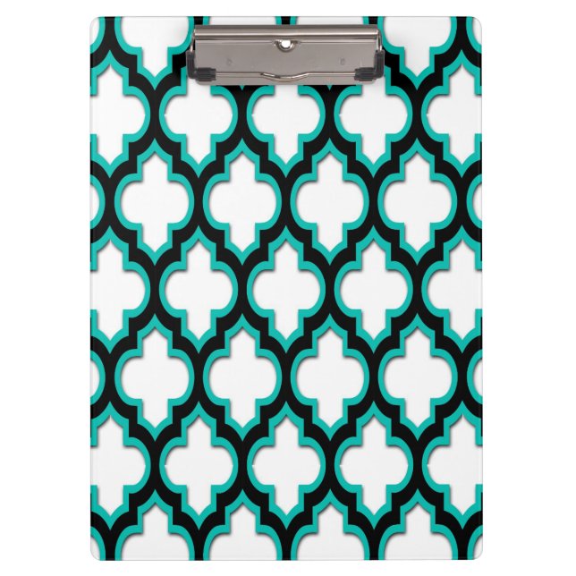 Teal Black White Moroccan Quatrefoil Pattern #4DS Clipboard (Front)