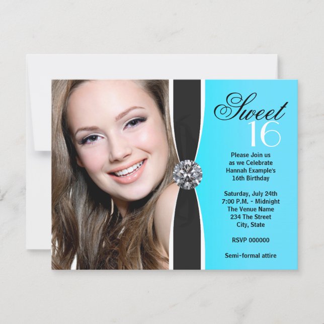 Teal Black White Photo Birthday Party Invitation (Front)