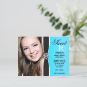 Teal Black White Photo Birthday Party Invitation (Standing Front)