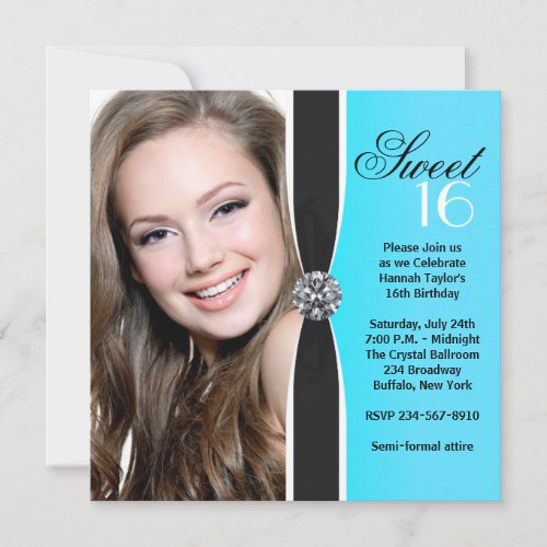 Teal Black White Photo Sweet 16 Birthday Party Personalized Invite