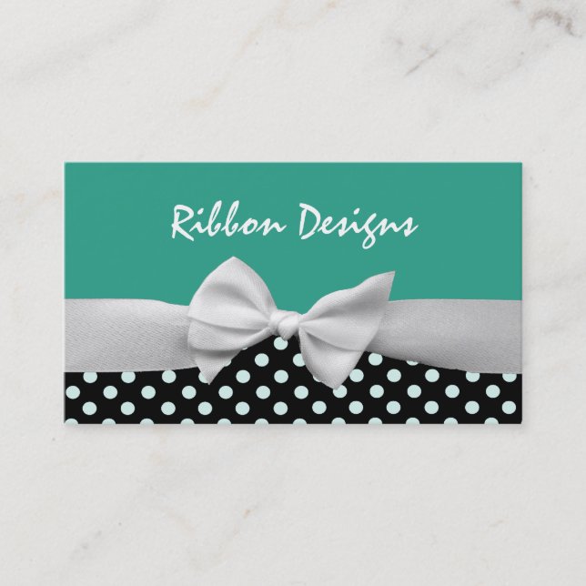 Teal, black & white ribbon bow and polka dots business card (Front)
