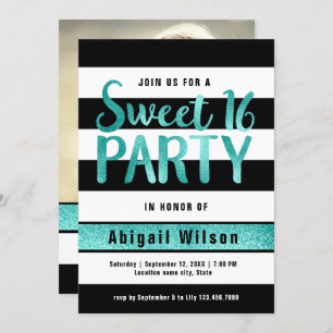 Teal black white sweet sixteen birthday party invitation