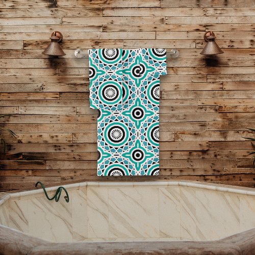 Teal Black  White Tribal Ethnic Geometric Pattern Bath Towel Set