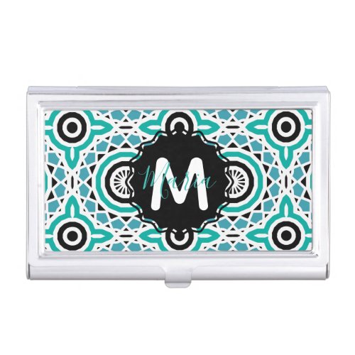 Teal Black  White Tribal Ethnic Geometric Pattern Business Card Case