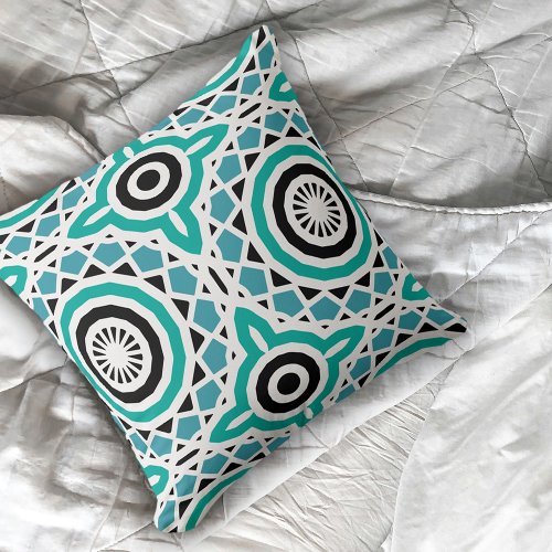 Teal Black White Tribal Ethnic Geometric Pattern Throw Pillow