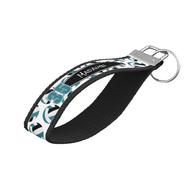 teal black white volleyballs athlete name wrist keychain (Angled Up)