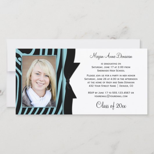 Teal Black Zebra Print Photo Graduation Party (Front)
