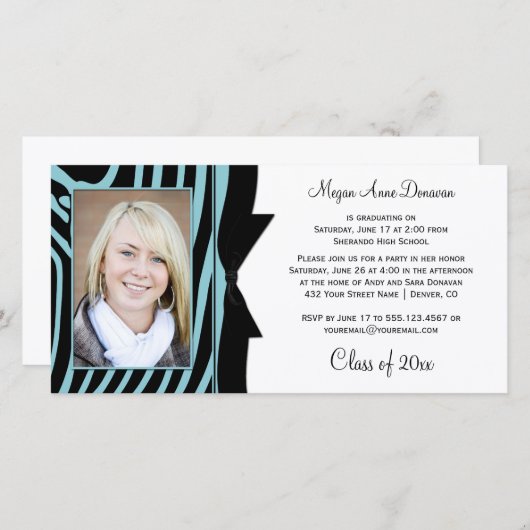 Teal Black Zebra Print Photo Graduation Party (Front/Back)