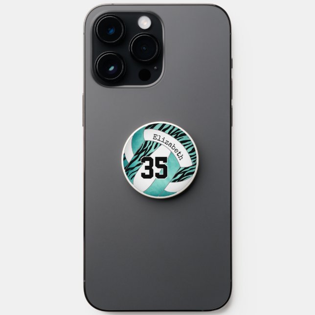 Teal black zebra stripes girls volleyball PopSocket (Front)