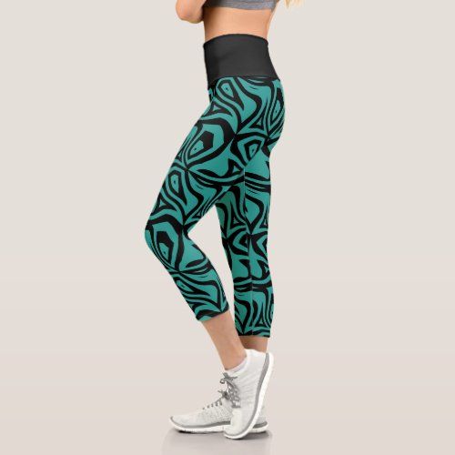 Teal  Black Zebra Stripes Womens Capris Leggings