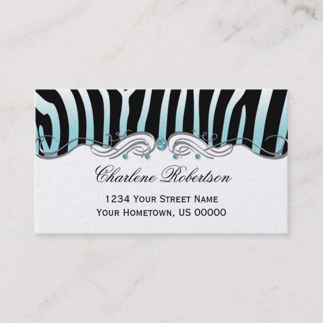 Teal Black Zebra Teal Diamonds Ornate Silver Swirl Business Card (Front)