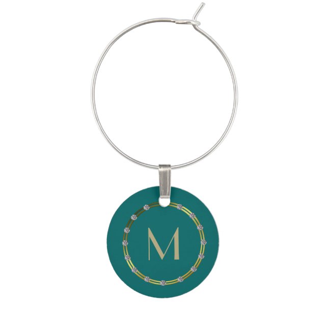 Teal, Bling, and Monogram Wine Glass Charm (Front)