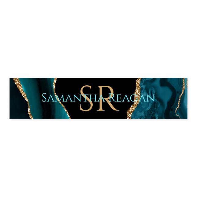 Teal Blk/Gold Agate DIY Lt Teal Name Gold Monogram Napkin Bands (Unfolded)