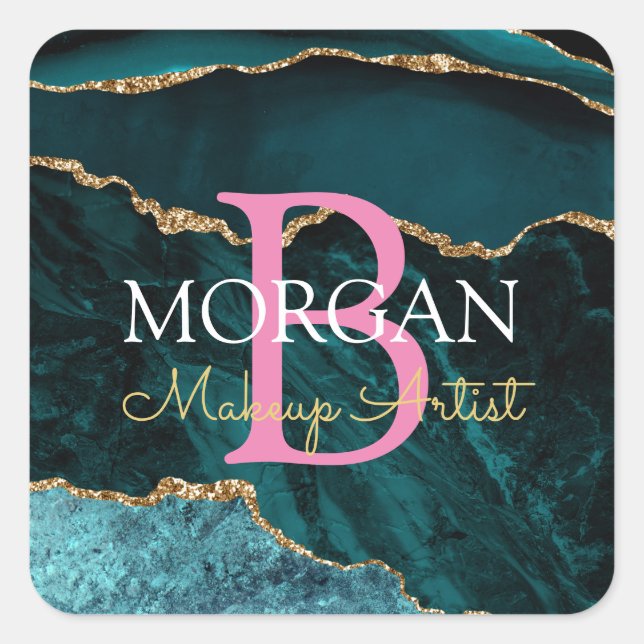 Teal Blk Gold Agate, Name Monogram Occupation Pink Square Sticker (Front)