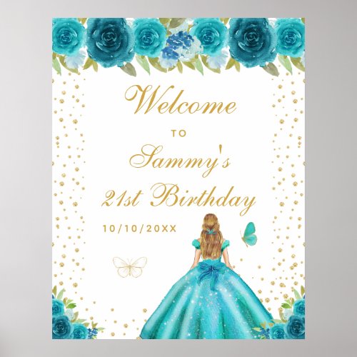 Teal Blonde Hair Girl Birthday Party Welcome Poster