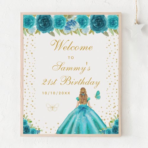 Teal Blonde Hair Girl Birthday Party Welcome Poster