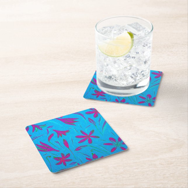 Teal Bloom Breeze Square Paper Coaster (Insitu)