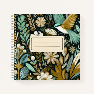 Teal Bloom Notebook – Decorative Folk Birds