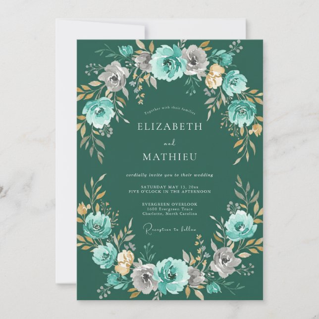 Teal Blooming Garland Wedding Invitation (Front)