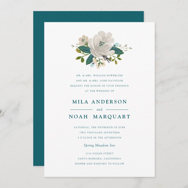 Teal Blooms Wedding Invitation (Front/Back)