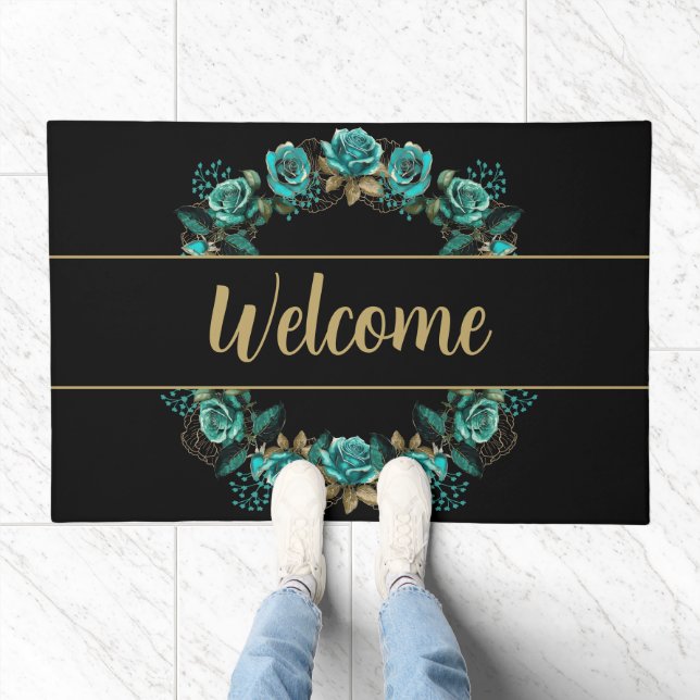 Teal Blooms Welcome Doormat (Indoor)