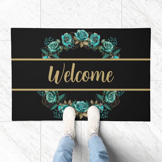 Teal Blooms Welcome Doormat (Indoor)