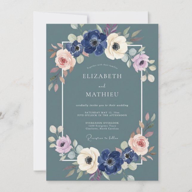 Teal Blossom Garland Wedding Invitation (Front)