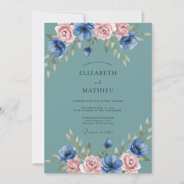 Teal Blossoming Meadow Wedding Invitation (Front)